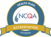NCQA Health Plan Interim Accreditation Logo.  A blue ring behind a yellow scroll.